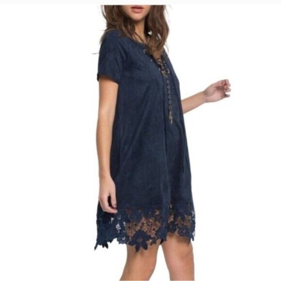 Muche Et Muchette Womens Embroider Trim Lace Up Neck Dress blue size S/M - Picture 3 of 9